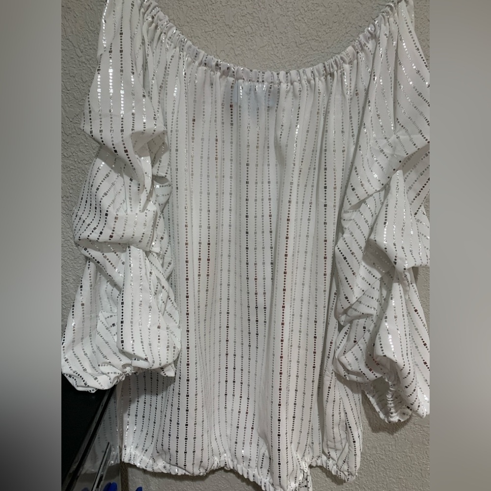 CeCe White Shimmer Striped Blouse